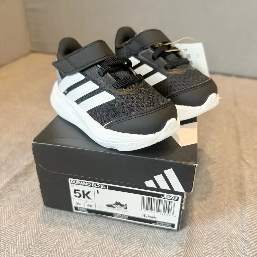 NEW Adidas Duramo 2.0 Baby Toddler Shoes 5 5K Black White Hook & Loop Sneakers